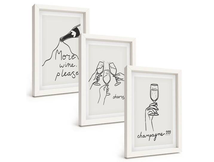 Tulup Bilder SET 3er Set - 20x30 cm Weißer Rahmen - Champagner-Wein-Linienzeichnung, Kunststoff, Rechteckig, 20x30 cm, einfache und schnelle Anbringung, Bilder & Rahmen, Bilder