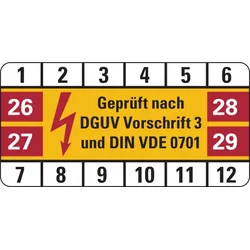 Prüfplakette ab 26, DGUV Vorschrift 3 & DIN VDE 0701 - Bogen = 10 Plaketten - 50 x 25 mm Folie selbstklebend