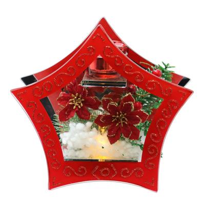 Teelichthalter I.GE.A. "Deko-Objekt mit LED Licht und Teelichtkerze", rot, B:21cm H:20cm, Glas, Kerzenhalter, Teelichthalter, Mit Christstern Beeren Tanne Kunstschnee Weihnachtsdeko Dekoobjekt
