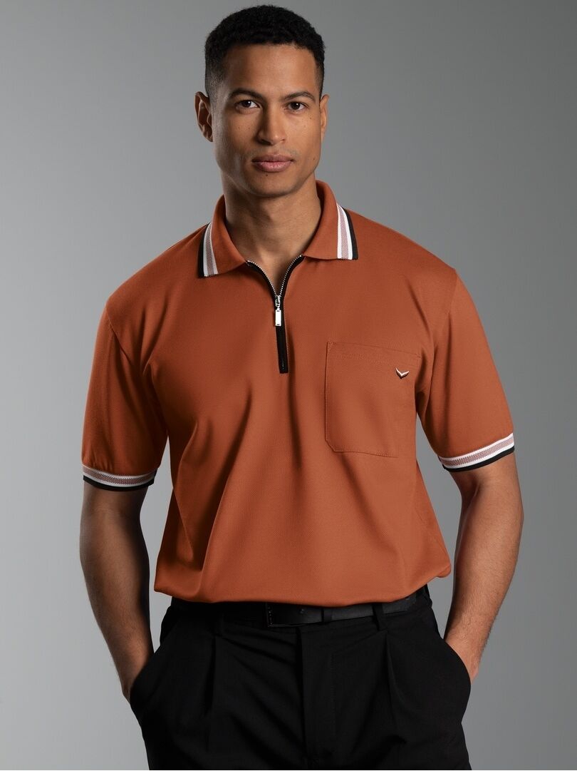 Poloshirt TRIGEMA "TRIGEMA Poloshirt mit Reissverschluss", Herren, Gr. 5XL, zimt, Piqué, 100% Baumwolle, Basic, lang, ohne Ausschnitt, Shirts Poloshirt zimt 5XL
