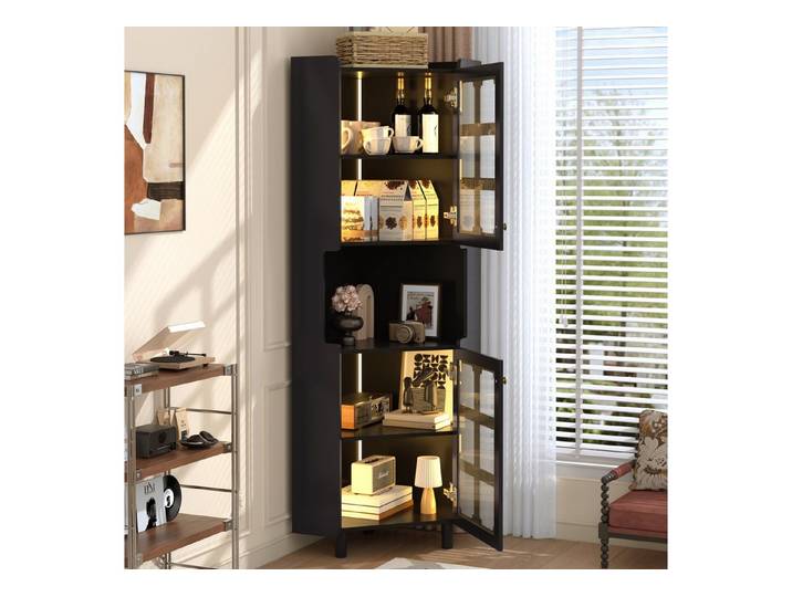 Odikalo Eckschrank Ecken-Kommode mit LED für Wohnzimmer, Schlafzimmer, Esszimmer (Eck-Schrank mit Lackschicht & LED-Beleuchtung, MDF-Platte mit Lackoberfläche) 63,5 cm (Breite) × 157,5 cm (Höhe)