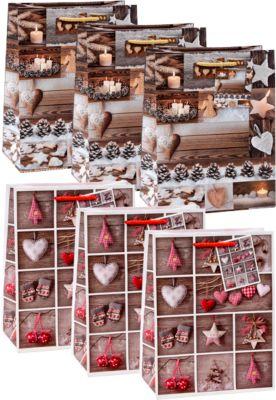 TSI Geschenktüten Set Serie 9, 6-teilig, 3 x Motiv „Christmas Decorations“/3 x Motiv „Christmas Accessoires“, PP-Folie, farbsortiert