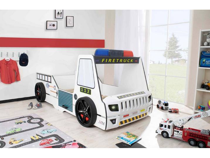 Aileenstore Autobett Rio (inkl. LED Licht und Lattenrost), Feuerwehrbett, 90x200 cm, LED Licht, Hochglanz, Lattenrost