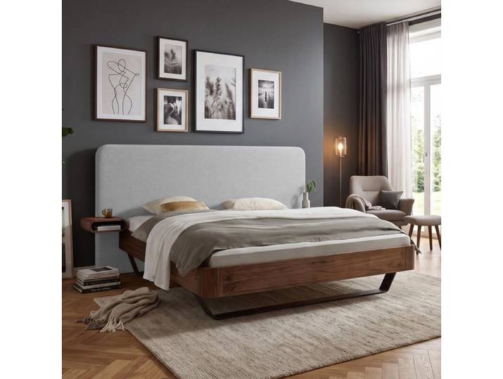 Bett Livian Nussbaum Massivholz 140x220cm modern, Mit Kopfteil
