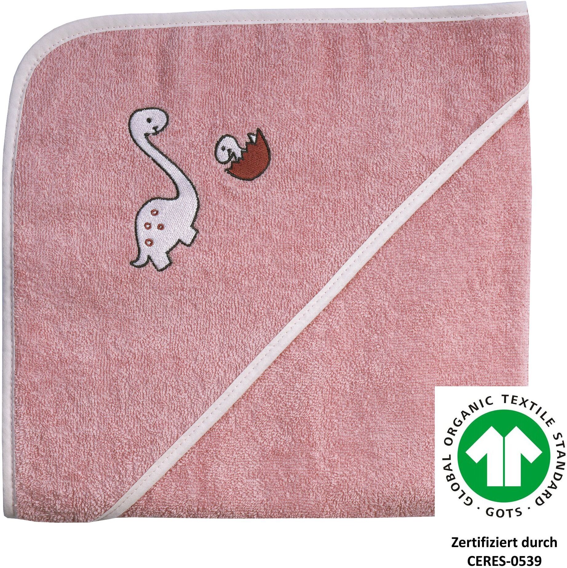Kapuzenhandtuch WÖRNER "Dinofamilie", rosa, B:100cm L:100cm, Frottee, Frottee, Handtücher, Kapuzenhandtuch, Biobaumwolle, mit Kapuze, maschinenwaschbar, trocknergeeignet rosa B/L: 100cmx100cm, 1 Stk., Frottee