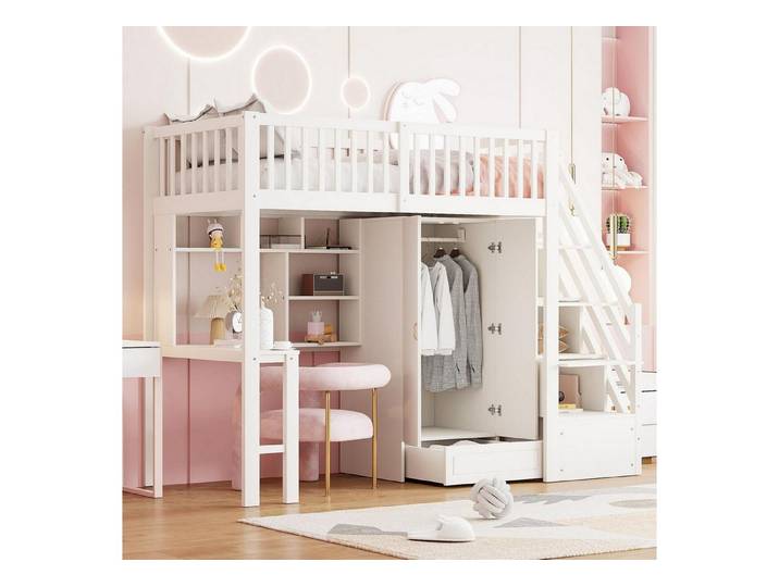 LuxusKollektion Kinderbett Hochbett mit Kleiderschrank/Tisch 90x200cm Weiß