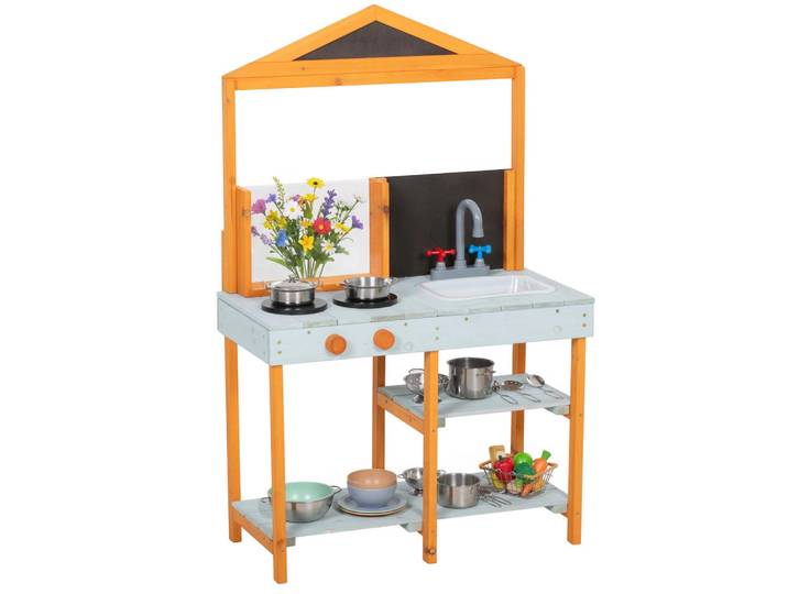 ComfortXL Matschküche De-09896 mit abnehmbarer Spüle und Kochplatten Hellblau, Holz, 33.5x110x69 cm, Spielzeug, Kinderküchen