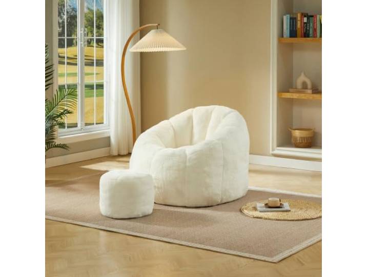 Sitzsack Sessel mit Hocker,ergonomischer Relaxsessel für Zuhause Hochwertiger Kunst‑Kaninchenfell‑Bezug, hautfreundlich,Wärmeisolierend, nicht klebrig auch bei langem Sitzen
