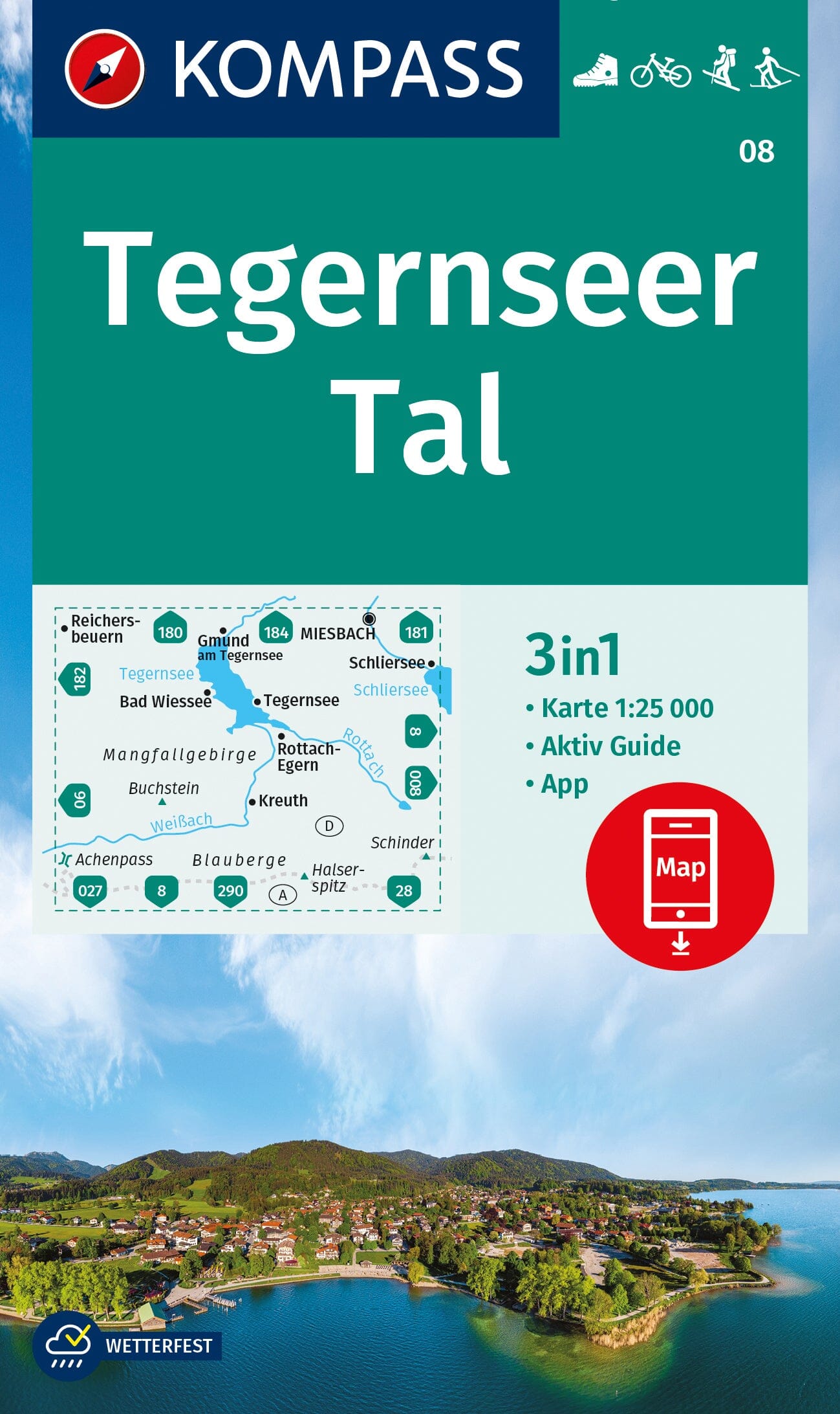 Carte de randonnée n° 008 - Tegernseer Tal + Activ Guide (Allemagne)   Kompass