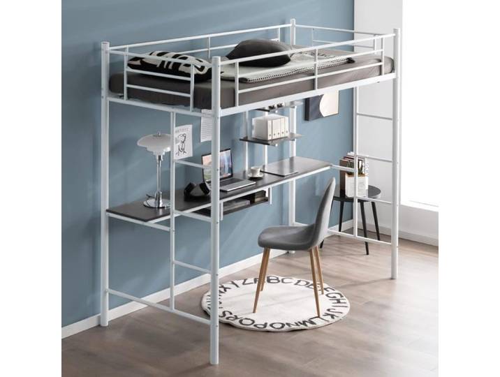 GIANTEX Lit Mezzanine 90x190 cm en Métal avec Bureau- Lit Superposé Simple avec Échelle et Garde-Corps- pour Enfant/Adulte- Blanc