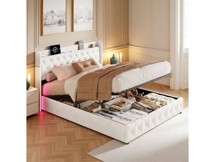 Lit Double 160x200 avec 3 Tiroirs et Rangement Velours Beige Tête Capitonnée Losange LED Style Luxe Français Princier