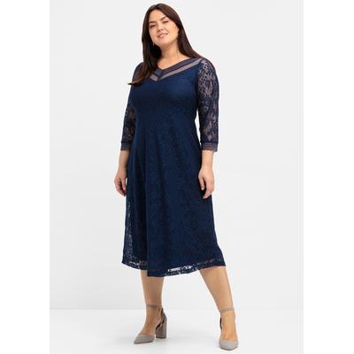 Spitzenkleid SHEEGO "Abendkleid", Damen, Gr. 54, Normalgrößen, blau (marine), 100% Polyamid, unifarben, wadenlang, V-Ausschnitt, Kleider
