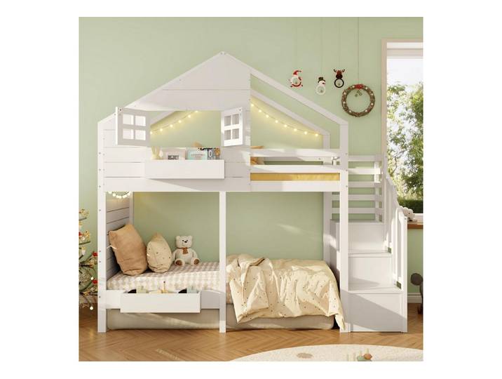 LuxusKollektion Etagenbett Etagenbett Kinderbett 90x200cm Massivholz weiß mit Stauraumtreppe (1-St)