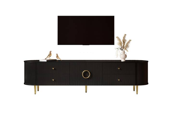 Flieks Tv-Schrank Lowboard MDF Wellenstruktur Eisenfüße Kabel, Schwarz, 180x53x40 cm, Wohnzimmer, TV Möbel, Lowboards, Lowboards stehend