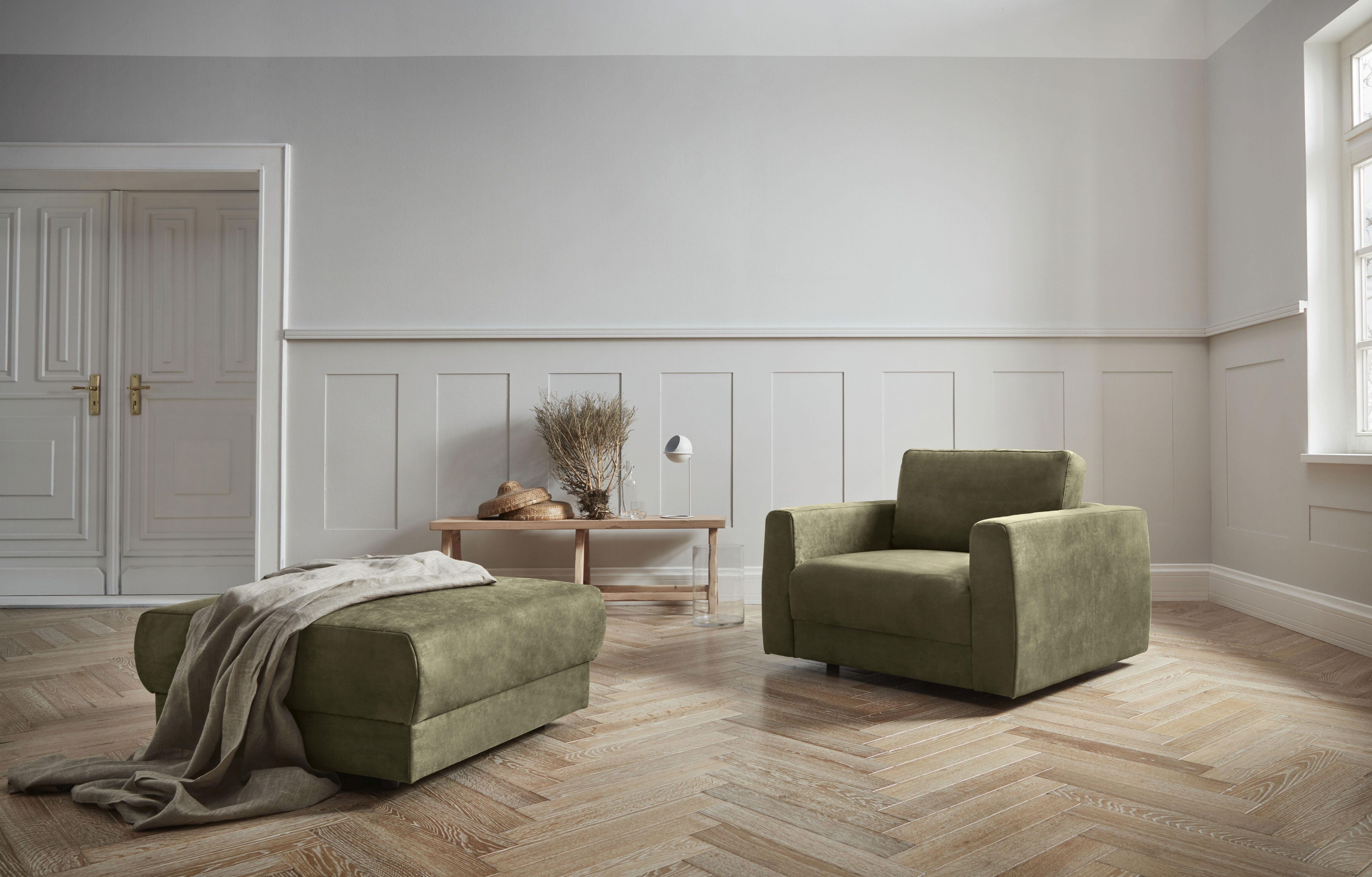 Sessel GOODPRODUCT "Hobro Loungesessel", grün (oliv), B:109cm H:60cm T:102cm, Luxus-Microfaser Lederoptik (100% Polyester);Struktur grob (100% Polyester);Samtoptik (100% Polyester), Sessel, Sessel, in 3 Bezugsqualitäten in vielen Farben oliv Luxus-Microfa