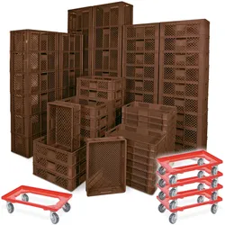BRB 78 Stück Stapelkörbe/Bäckerkästen in 5 Größen, Grundmaß LxB 600 x 400 mm, H 90 mm, 150 mm, 240 mm, 320 mm, 410 mm, Farbe braun, rot