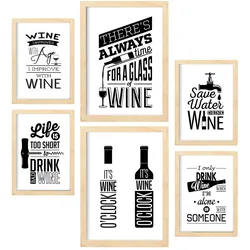 POSTER Set Mit 6 Wein 2 Vollfarbige Illustrationen Von Kaffee & Getränken Im Werbetafel Illustrationen Für & Heim A3 & A4 Rahmen Aus Hellem Holz