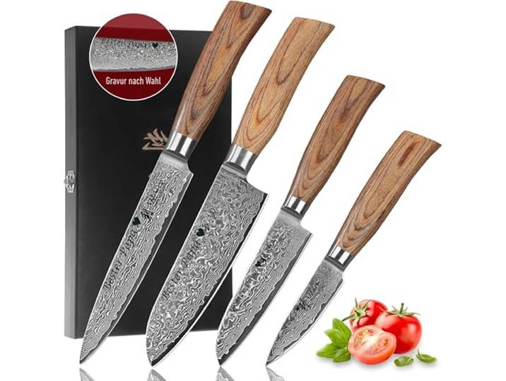 Wakoli EDIB Pro Damastmesser Set mit Gravur – Personalisiertes 4er Messerset, 17 cm, 16 cm, 11 cm & 8 cm Klingen aus 67 Lagen Damaststahl (VG10-Kern), ergonomische Pakkaholzgriffe – in Holzbox