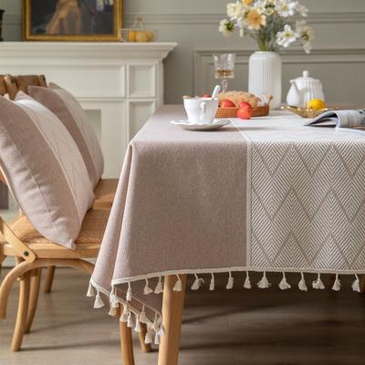 Enova Home High Quality Rectangle Cotton and Linen Tablecloth with Tassels (Brown)