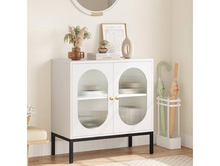 Sideboard, Küchenschrank Mit 2 Türen in Rattan-Optik, Aufbewahrungsschrank, Rattan Badezimmerschrank, Buffet Anrichte Mit Verstellbaren Regalen & Kippsicherung Für Küche, Esszimmer, Wohnzimmer, Weiß