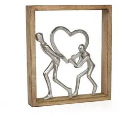 Moritz Dekofigur Holding Hearts 34,5 cm aus Mangoholz und Aluminium Skulptur im Holzrahmen mit zwei Personen und Herz Symbol für Liebe und Zusammenhalt