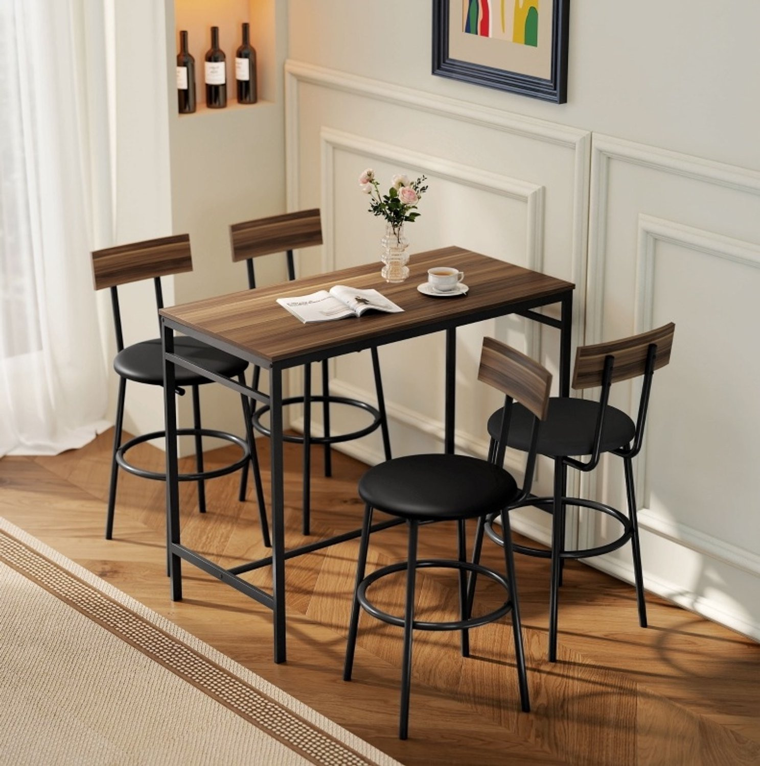 CHICFURN Bartafel Set voor 4 personen - 5-delig - Hout en staal - Bruin - Breedte: 110 cm