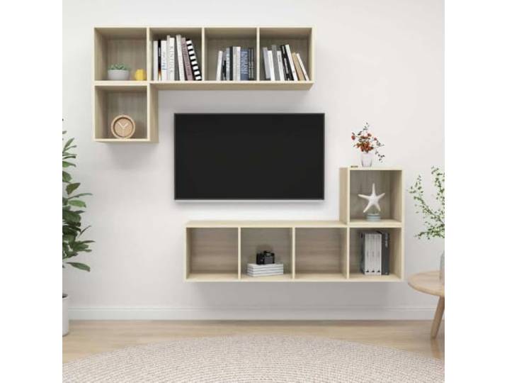 HEFZGDB 4-TLG. TV-Schrank-Set Sonoma-Eiche Holzwerkstoff Wandmontage mit viel Stauraum für Organisation