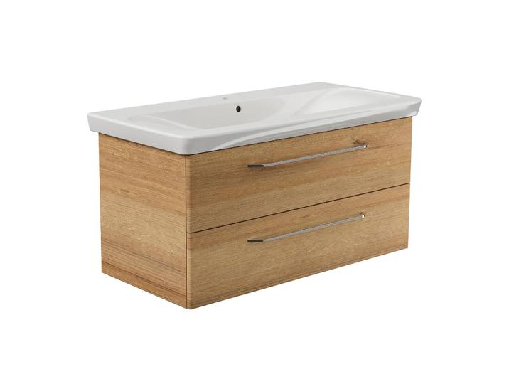 FACKELMANN MILANO Waschbecken mit Unterschrank 107 cm breit, Braun hell, Waschbecken Keramik Weiß