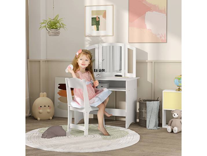AIYAPLAY Coiffeuse Enfant Bois Blanc avec Miroir et Chaise