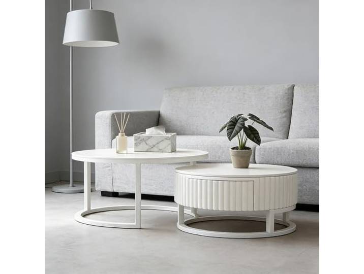 JPQTRYDRIS Modern Weiss Rund Couchtisch 2er Set Satztische Hochglanz Marmor 50+70cm Nested Beistelltisch Kaffeetisch Für Wohnzimmer, Balkon Und Büro, Stabiler Metallrahmen + Komplette Installation