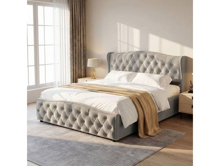 Lit coffre 140x200 cm Lit hydraulique adulte Lit double rembourré avec Rangement et Sommier litcoffre 140x200 coffre-en Velours gris