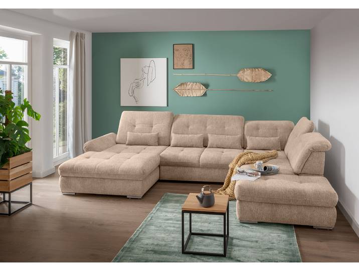 Wohnlandschaft mit Schlaffunktion Braun Webstoff Jimin 376 x 86 x 254cm Longchair davorstehend links / Ottomane rechts mit Schlaffunktion