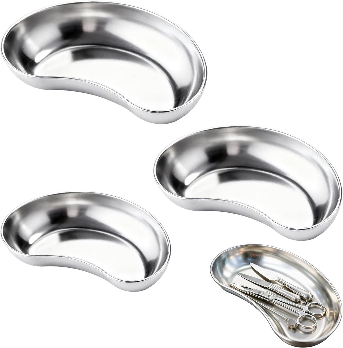Set van 3 roestvrijstalen medische nierbakken Curved Trays voor herbruikbare opslag