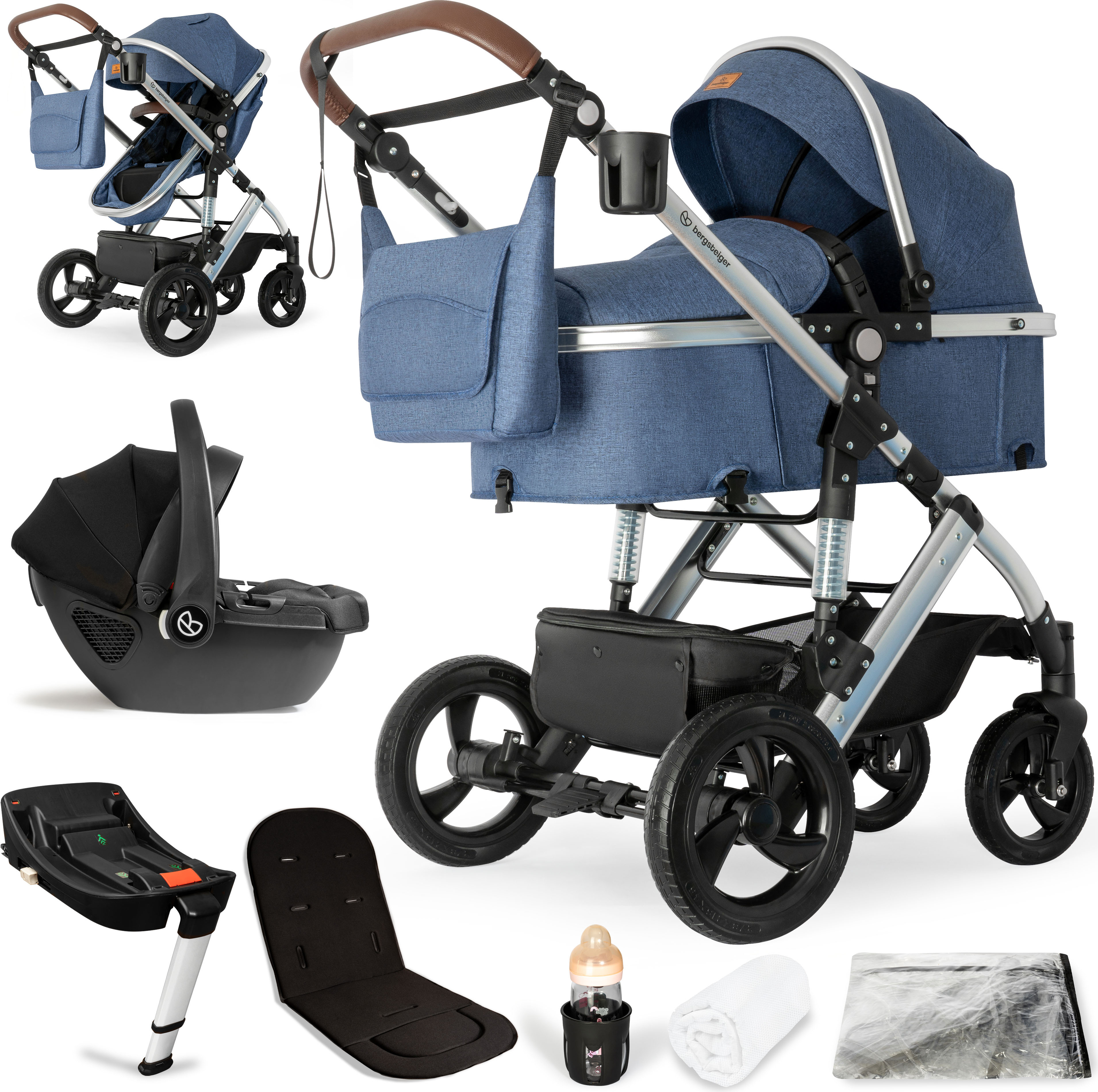 Bergsteiger Nizza 3 in 1 Kinderwagen, Kombikinderwagen Komplettset, Babywanne & Buggy Sportsitz inklusive, Auto-Babyschale & Isofix Station optional