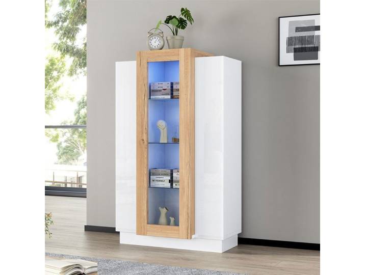 DRIPEX Vitrine brillante avec LED et 3 portes Vitrine Moderne avec étagères en verre de rangement Blanc