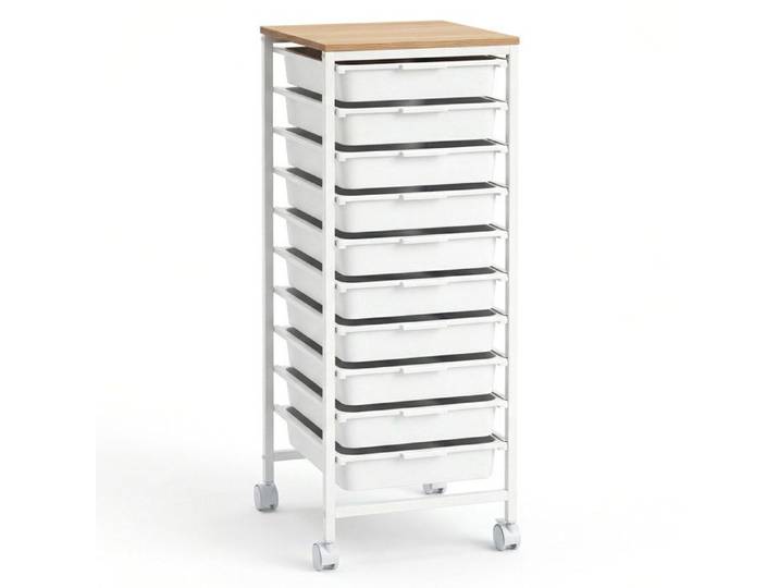 Organisation Optimale Chariot de Rangement 10 Tiroirs Amovibles Desserte Mobile Plateau Bois pour Bureau et Salon Blanc