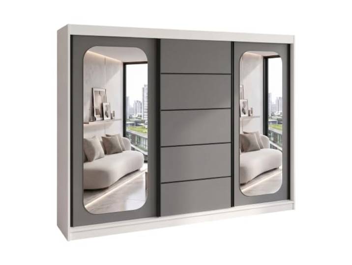 A&J MöbelLand BELANO Kleiderschrank mit Spiegel, Schwebetürenschrank 200 x 215 x 59,5 cm, extra Einlegeböden, Weiß/Graphit, Standard