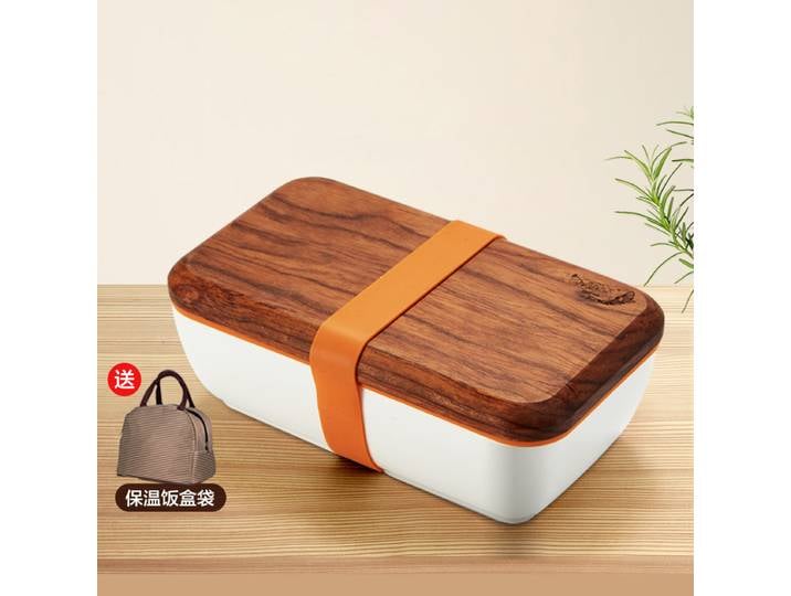 Rectangular Ceramic Lunch Box Tableware Microwave Bento Lunch Box Luxury with Rosewood Wooden Lid Lunch Box Storage Box