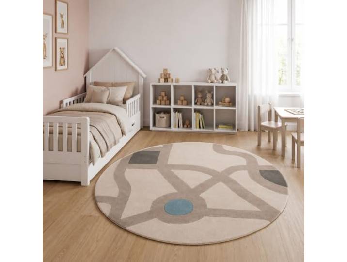 Morgenland Kinderteppich Handgetuftet Wolle Beige 120x120cm Rund 100% Schurwolle, Kollektion Kids, Kinderzimmer, Handarbeit
