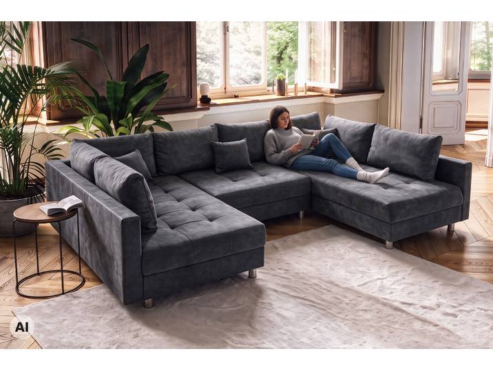 XXL Wohnlandschaft KENT 305cm grau Samt Bigsofa inkl. Kissen Taschenfederkern U-Form Wohnzimmer Modern & Design