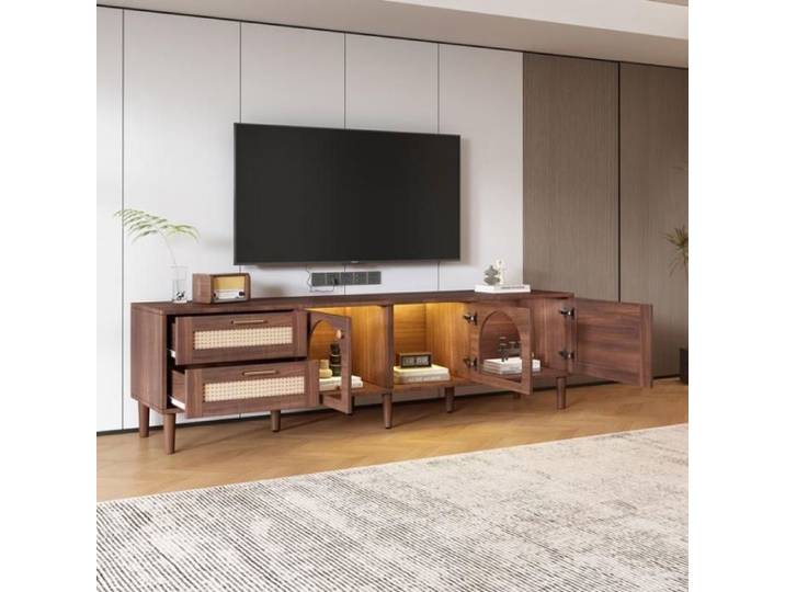 Meuble TV Bois Meuble TV Marron avec éclairage LED en 2 tiroirs en rotin et 2 Portes en Verre bombées pour Salon 180x40x50cm
