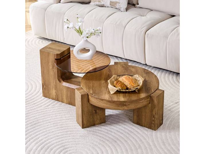 HOMVRA Lot de 2 tables basses rondes avec design à 2 niveaux MDF et verre couleur de bois