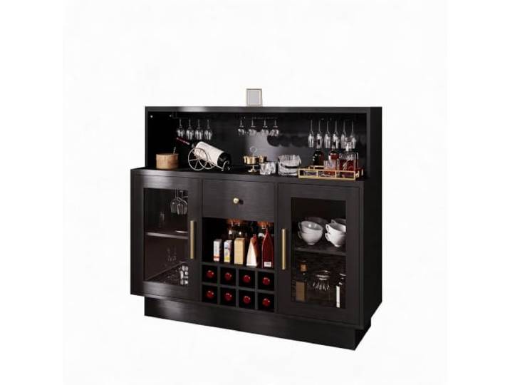 GarveeHome Weinschrank mit LED, Glastüren und Steckdose Platz für 8 Weinflaschen und 9–15 Gläser, integrierte LED-Beleuchtung, Glashalter, zusätzlicher Stauraum, modernes Design