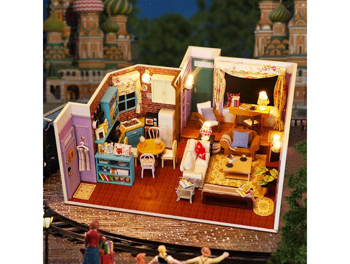 Kits de construction miniatures pour appartement de Monica en bois, serre-livres avec lumières, étagère assemblée, décoration de la maison, cadeaux pour amis, bricolage