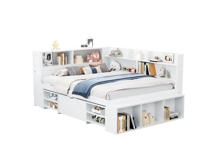 Stilvora Kinderbett 140/200 cm in Weiß mit Schubladen, Bücherregal, Stauschrank und Lattenrost aus Plywood, 13 Fächer, 140x200 cm, Babymöbel & Kindermöbel, Kinderzimmer & Jugendzimmer, Kinderbetten