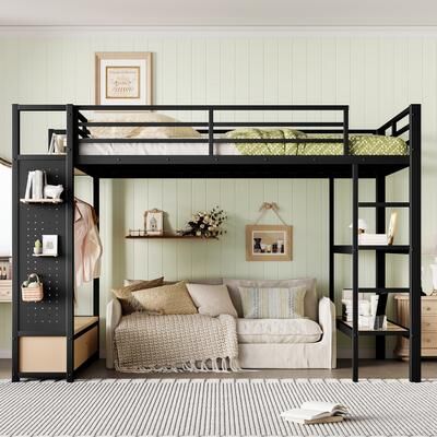 GREATPLANINC Multi-Function Metal Loft Bed with Wardrobe Drawers Shelves Pegboard