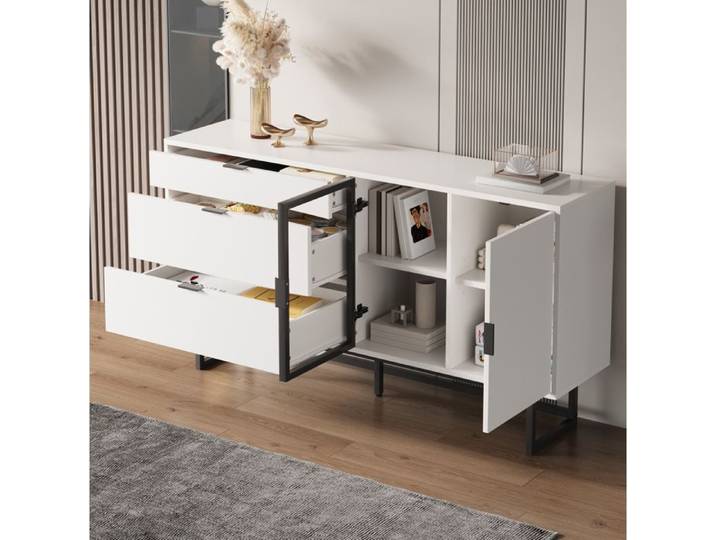 MEUBLIV Buffet vitrine blanc avec LED 3 tiroirs portes vitrées meuble de rangement moderne