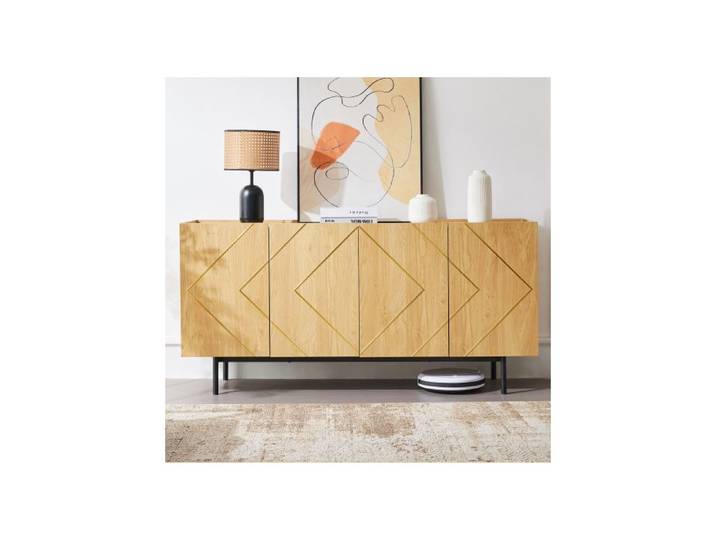 Buffet bas - MUVOE - 4 portes - Bois naturel - Inserts métalliques - H78 cm L160 cm P40 cm