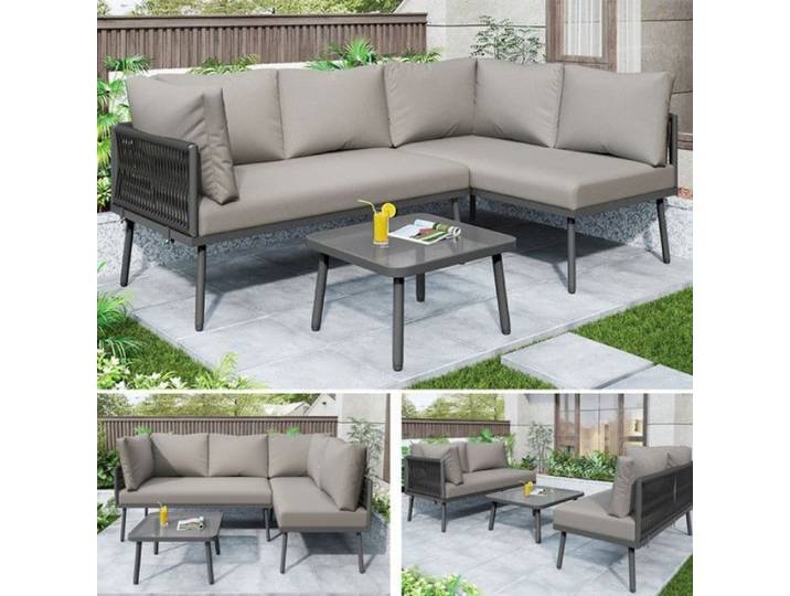 Ensemble de jardin extérieur complet avec coussins épais 10cm pieds réglables mobilier résistant eau et UV p SALON BAS DE JARDIN