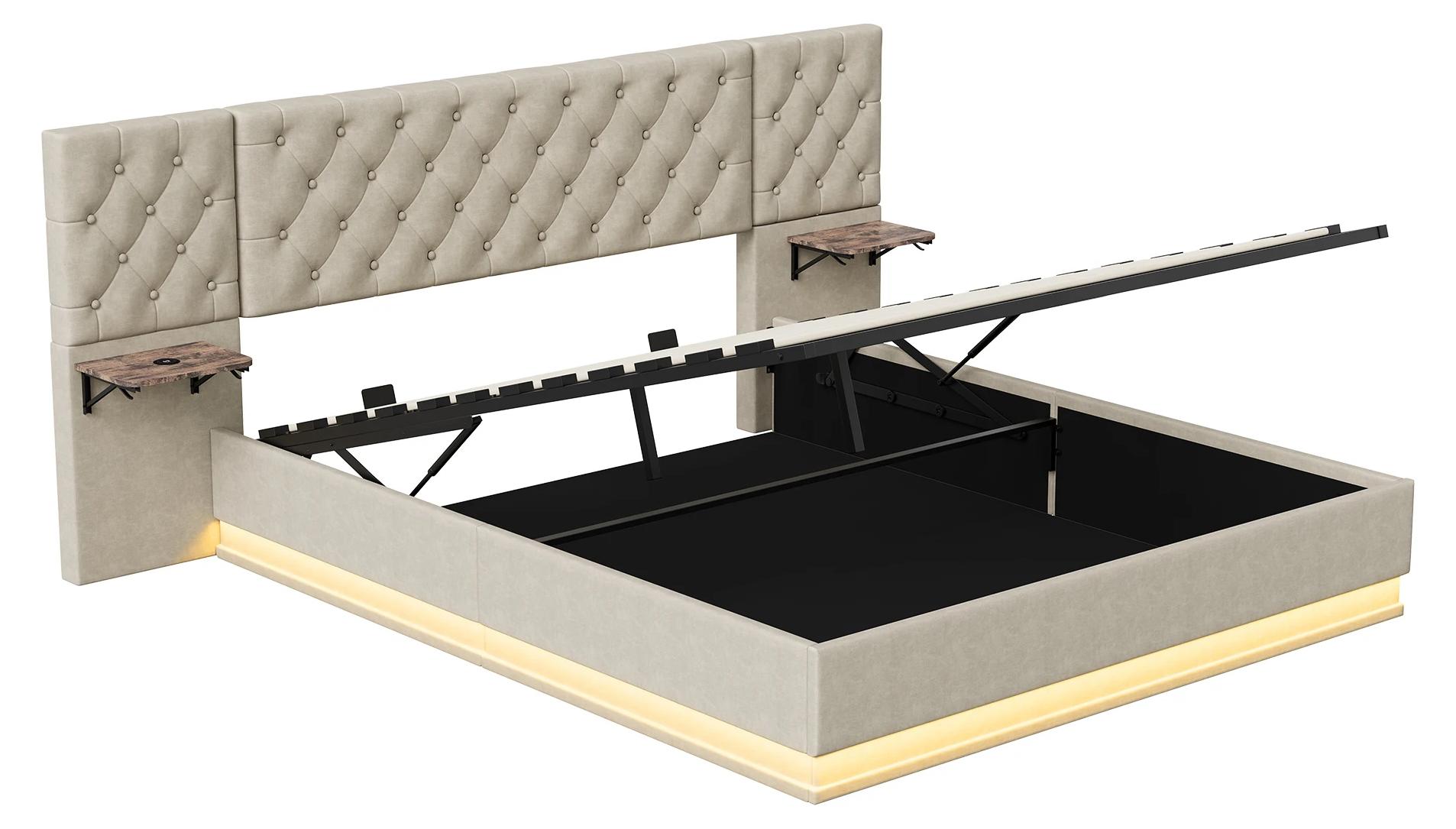 Gepolstertes Bett - Doppelbett 160x200 cm - 2 Klappbare Beistelltische - Hydraulischer Stauraum - Lattenrost - Leinenbezug - Beige